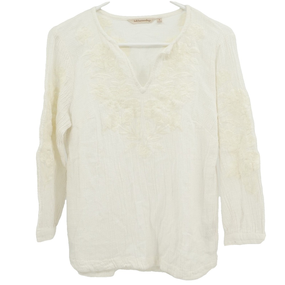 Soft Surroundings Blouse Top SZ S Embroidered Floral Cottagecore Coastal Grandma